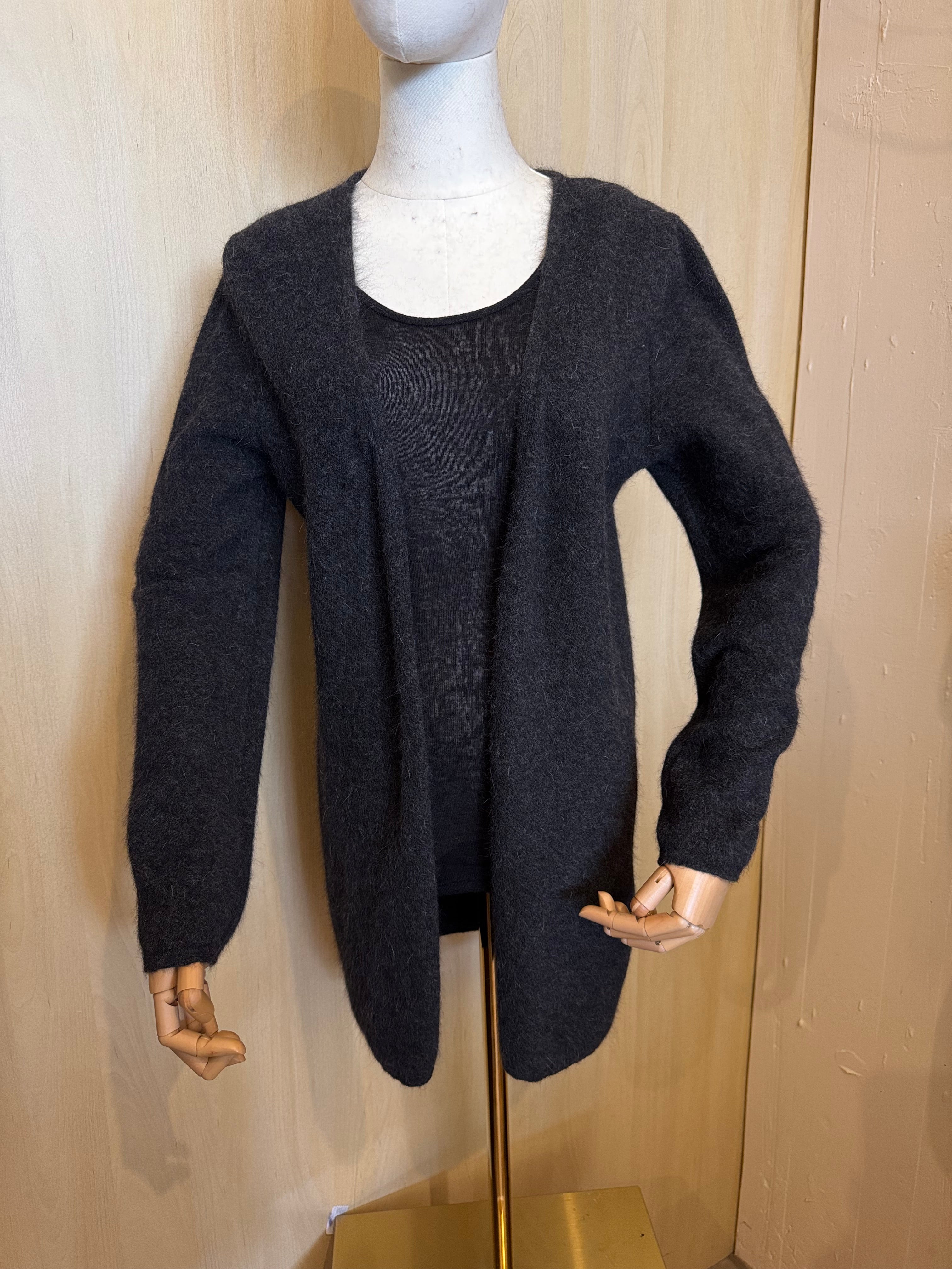 Flauschige Offene Strickjacke / Long-Cardigan – Anthrazit
