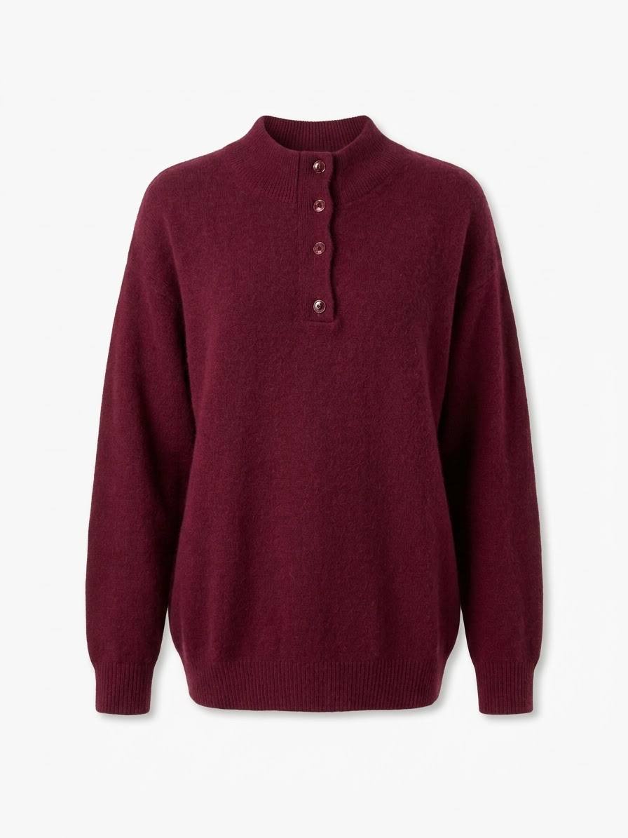 Flauschiger Strickpullover mit kurzer Knopfleiste – Bordeaux