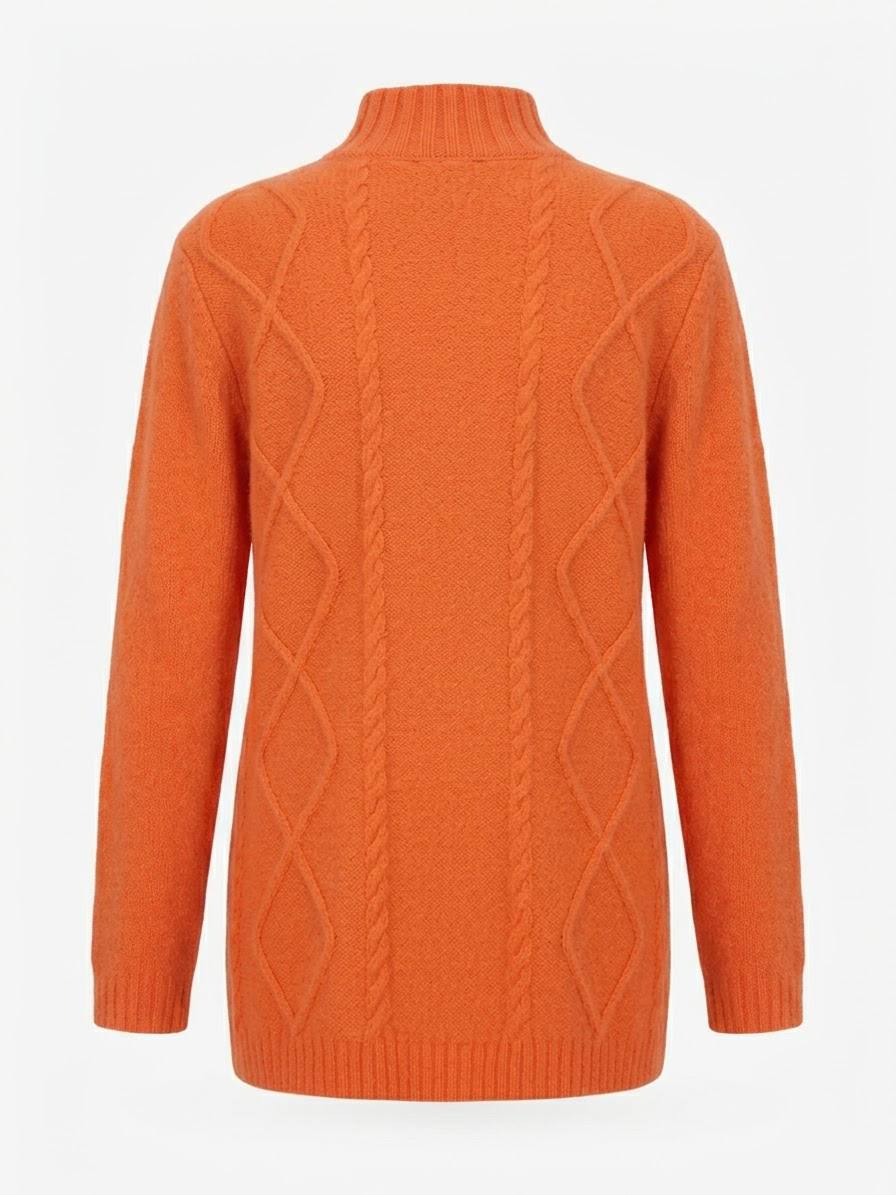 Eleganter Damen-Strickpullover mit Stehkragen & Zopfmuster – Orange