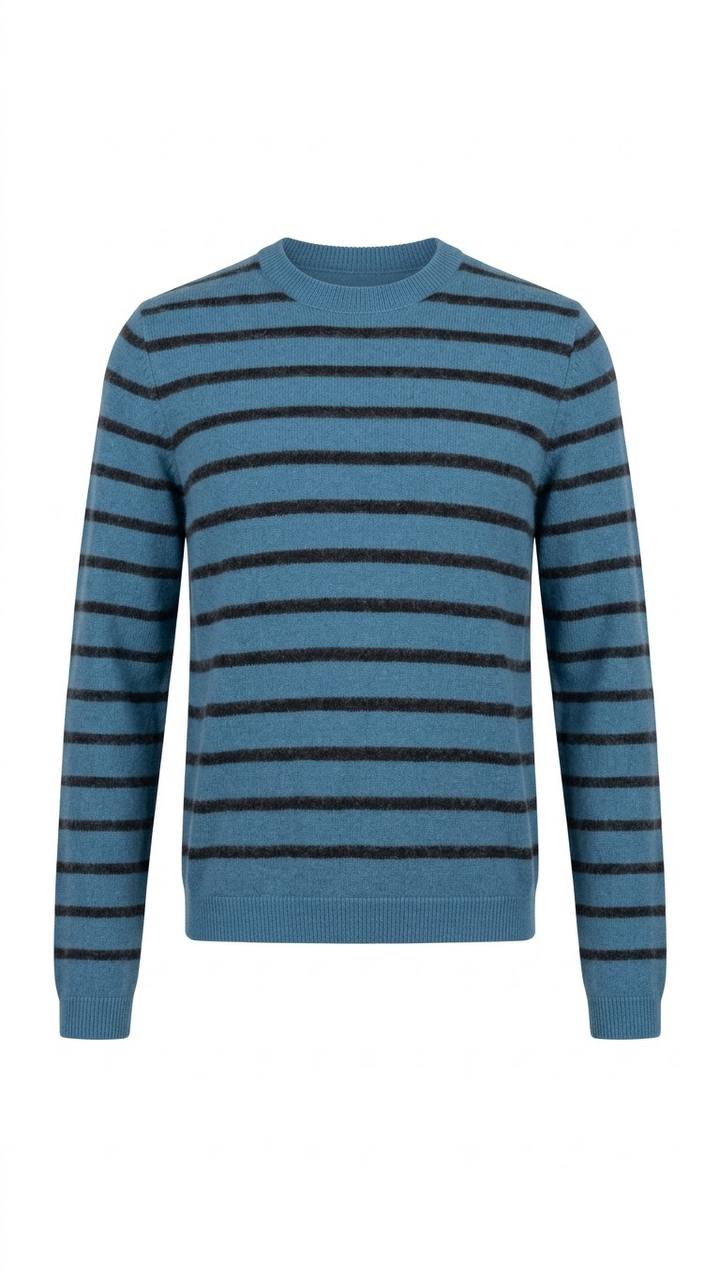 Gestreifter Strickpullover mit Rundhalsausschnitt – Taubenblau / Schwarz <p> (Länge ca. 55 cm)