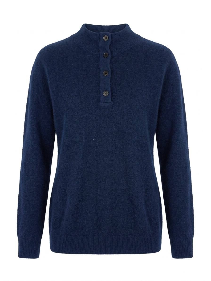 Eleganter Damen-Troyer mit Stehkragen & Knopfleiste – Marine
