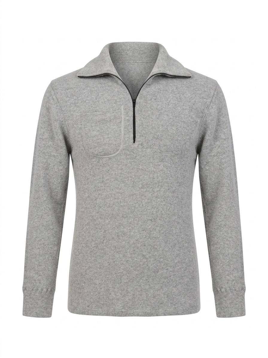 Herren-Strickpullover mit Reißverschluss & Brusttasche – Silbergrau meliert