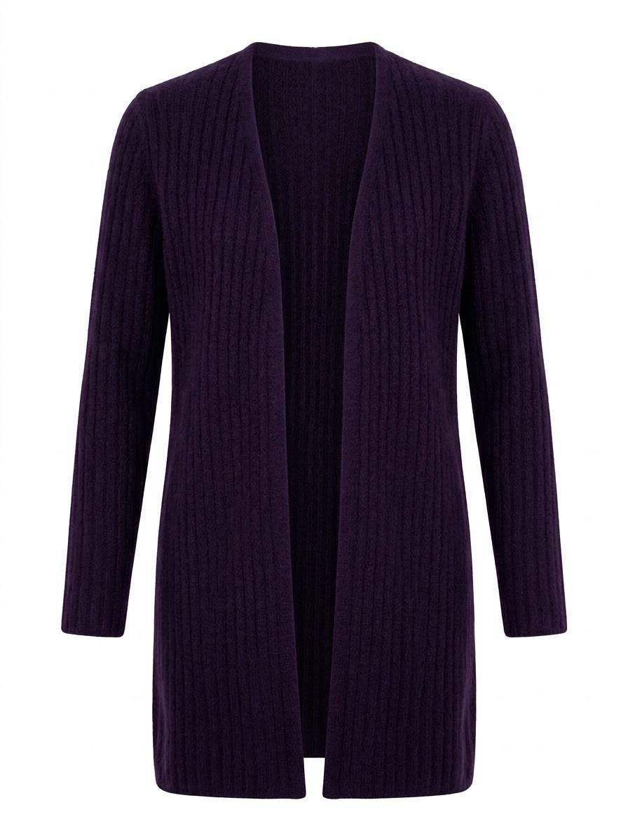Eleganter Long-Cardigan in Rippstrick-Optik – Aubergine / Dunkellila