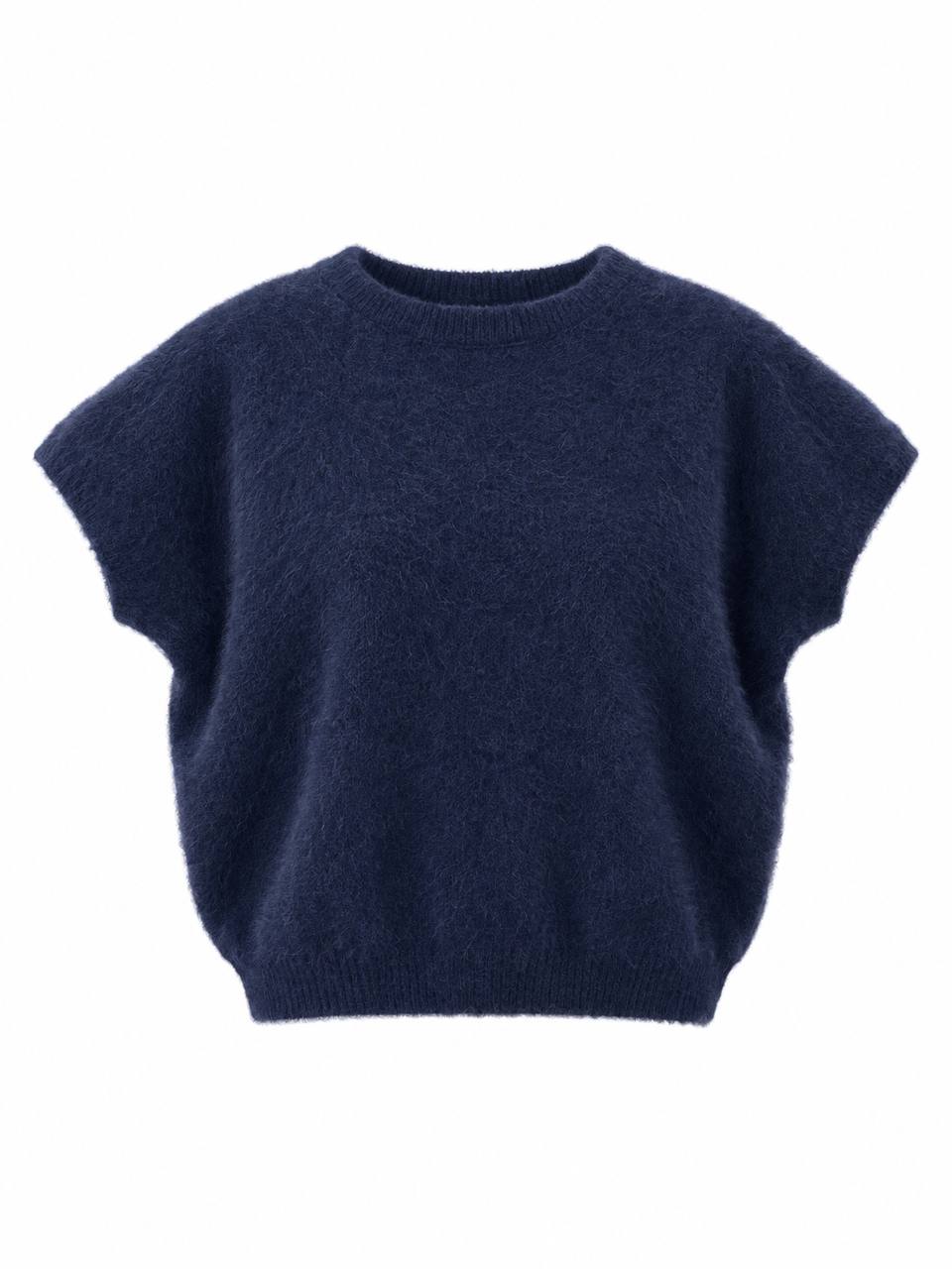 Flauschige Strickweste / Kurzarm-Top aus Soft-Strick – Marineblau