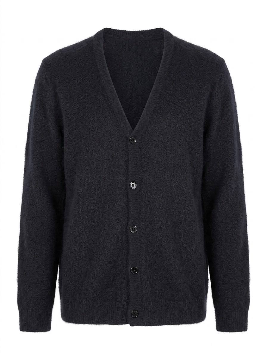 Flauschige lange Herren-Strickjacke mit V-Ausschnitt – Schwarz