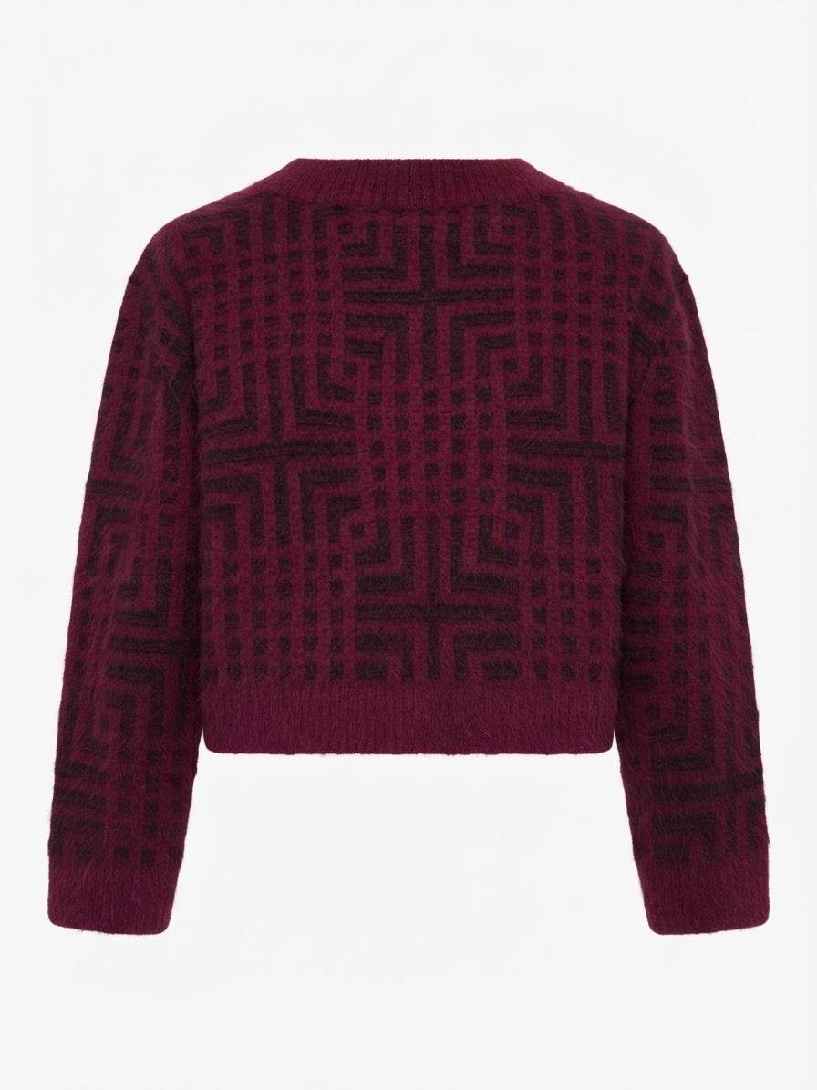 Eleganter Verkürzter Damen-Strickcardigan mit geometrischem Muster – Bordeaux / Schwarz