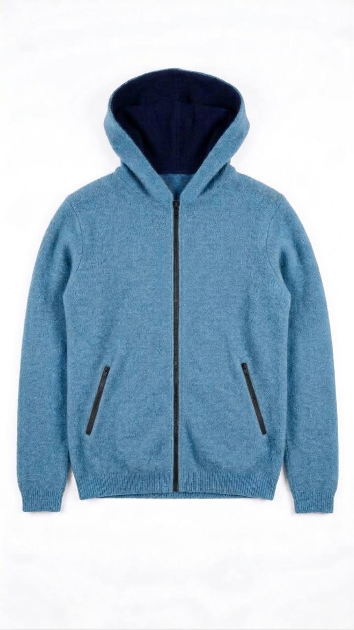 Sportlich-elegante Damen-Strickjacke mit Kapuze – Blaugrau / Marine