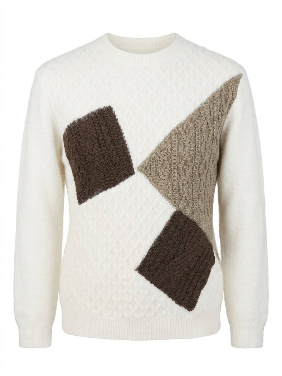 Moderner Feinstrick-Pullover mit Zopf- & Geometrieelementen – Naturweiß