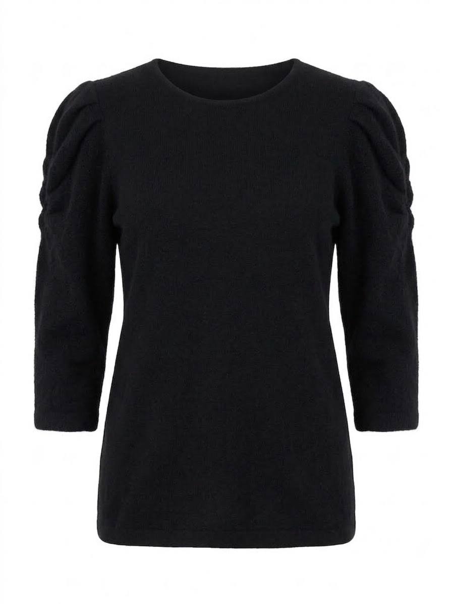 Eleganter Damen-Longpullover mit Puffärmeln & 3/4-Arm – Schwarz