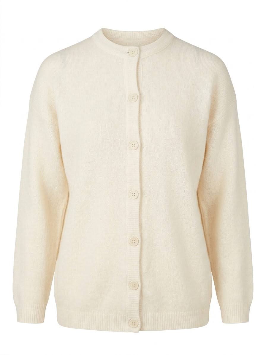 Klassischer Damen-Strickcardigan mit Rundhalsausschnitt – Naturweiß