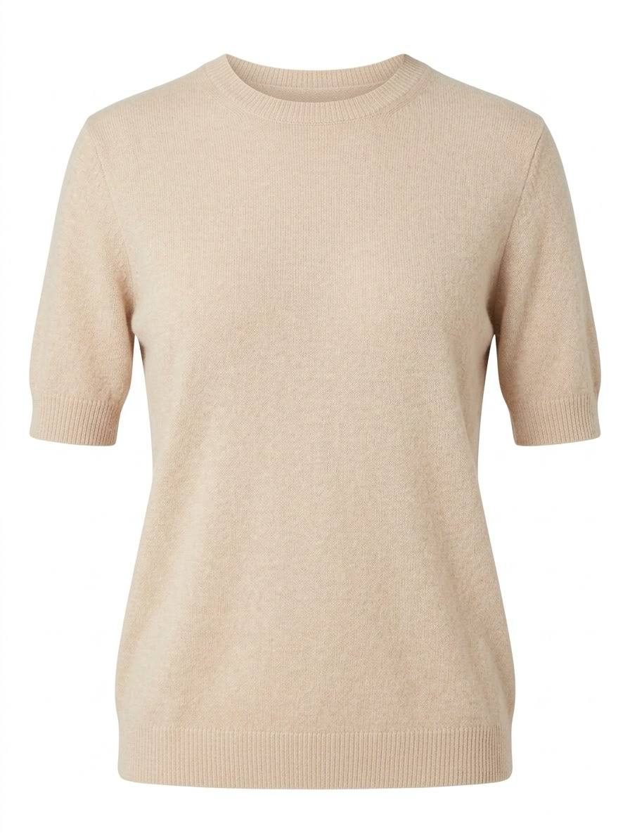 Klassischer Damen-Kurzarmpullover mit Rundhalsausschnitt – Beige