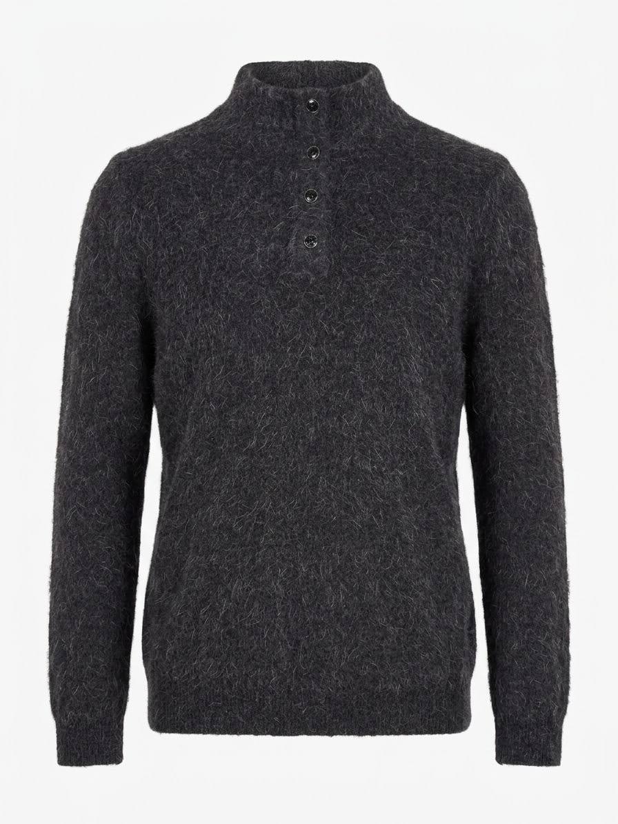 Eleganter Damen-Strickpullover mit Stehkragen & Knopfleiste – Anthrazit