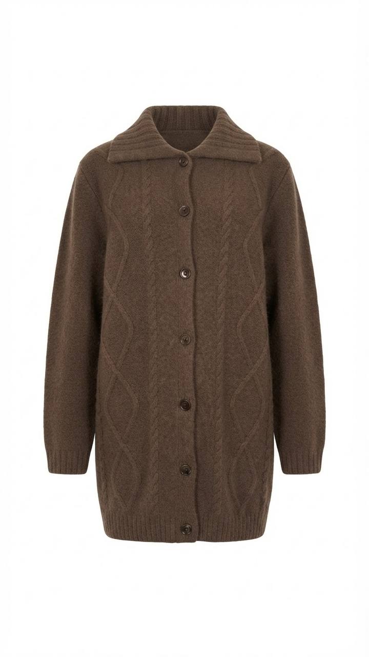 Langer Strickcardigan mit Knöpfen & Kragen in Haselnuss/Braun
