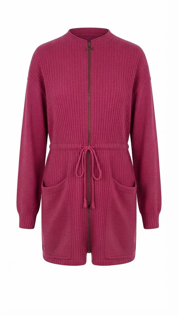 Komfortabler Damen-Strickcardigan mit Reißverschluss & Taille-Kordelzug – Pink