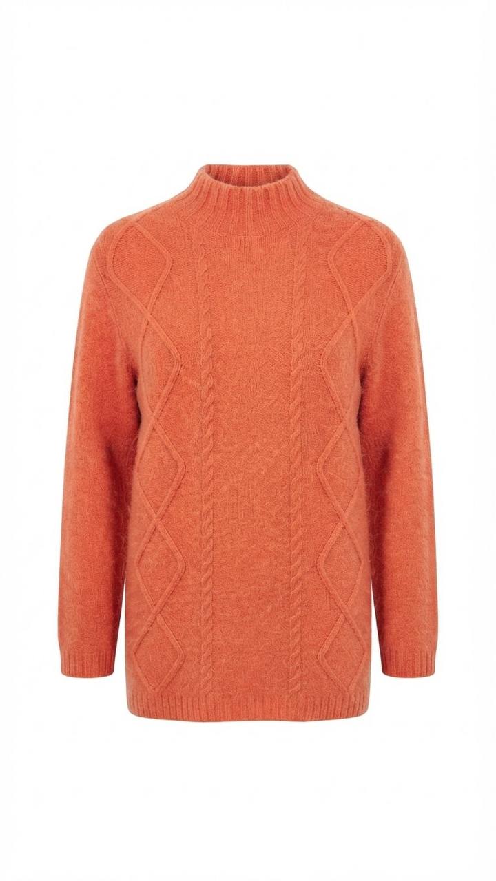 Stilvoller Damen-Pullover mit Zopfmuster & Stehkragen in Orange