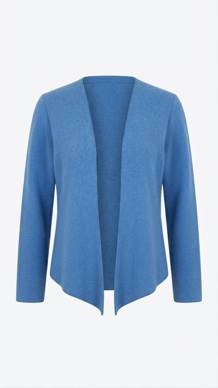 Stilvolle, offene Strickjacke mit spitzem Saum – Jeansblau