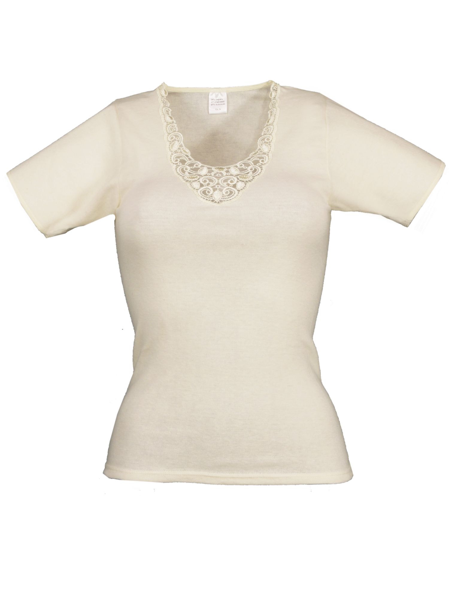 Damenhemd 1/2 Arm mit Spitzeneinsatz <p> 30% Angora 40% Modal 30% Seide
