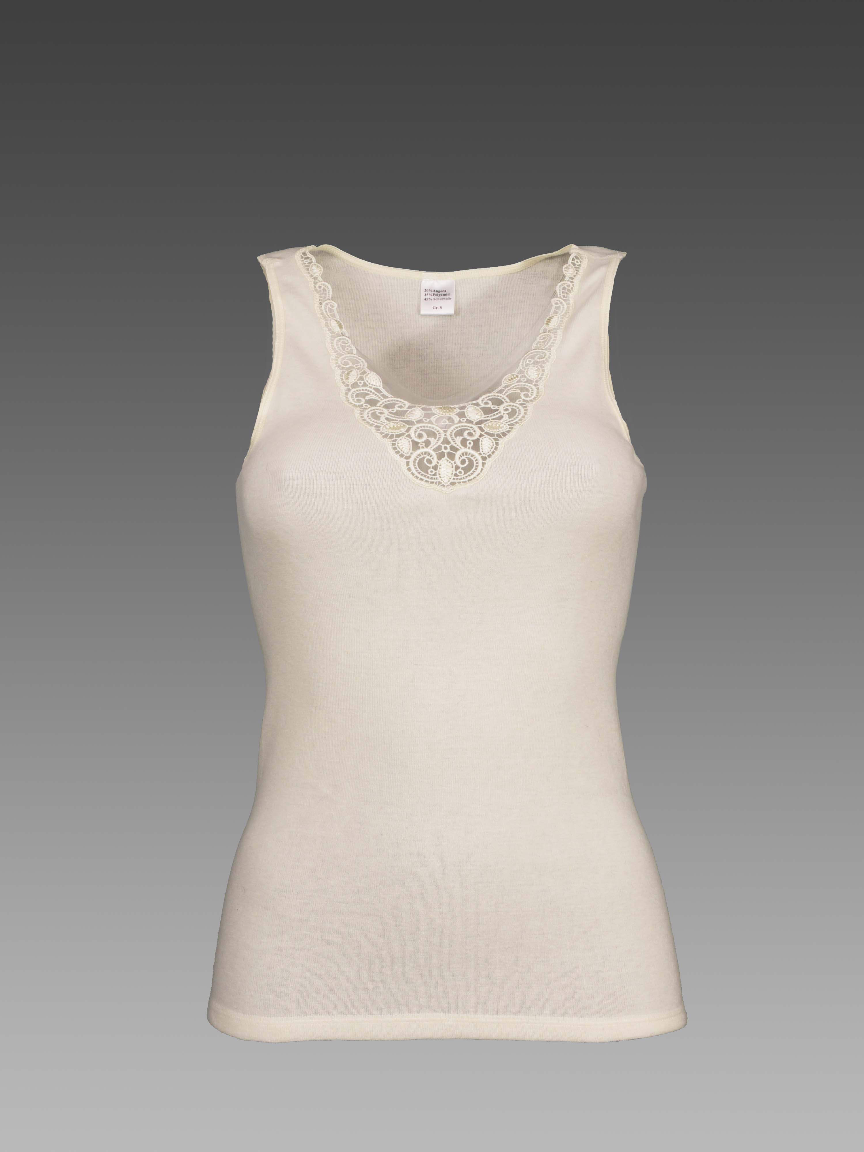 Damenhemd ohne Arm mit Spitzeneinsatz <p> 50% Angora 30% Schurwolle 20% Polyamid