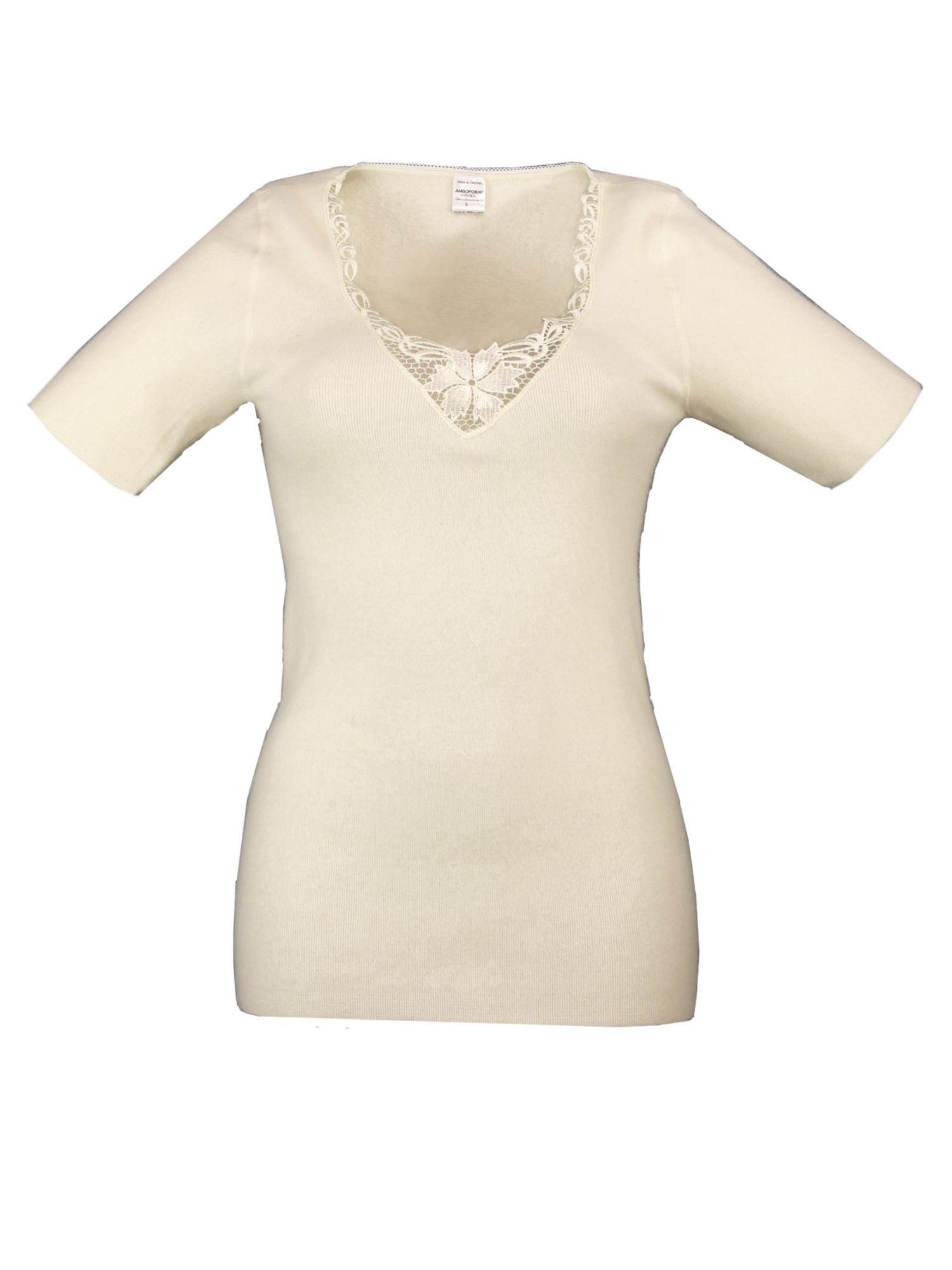 Damenhemd 1/2 Arm mit Spitzeneinsatz <p> 50% Angora 30% Schurwolle 20% Polyamid
