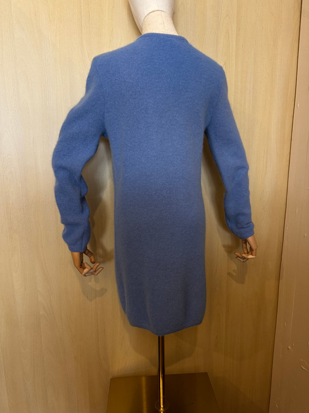 Flauschige lange Strickjacke mit offenem Front-Design – Jeansblau