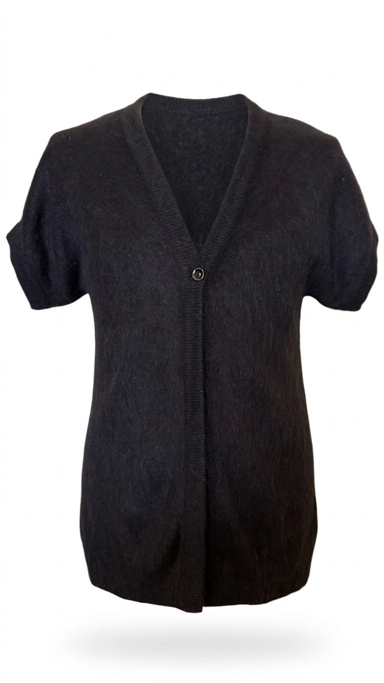 Kurzärmelige Strickjacke mit 1 Knopf und V-Ausschnitt – Schwarz