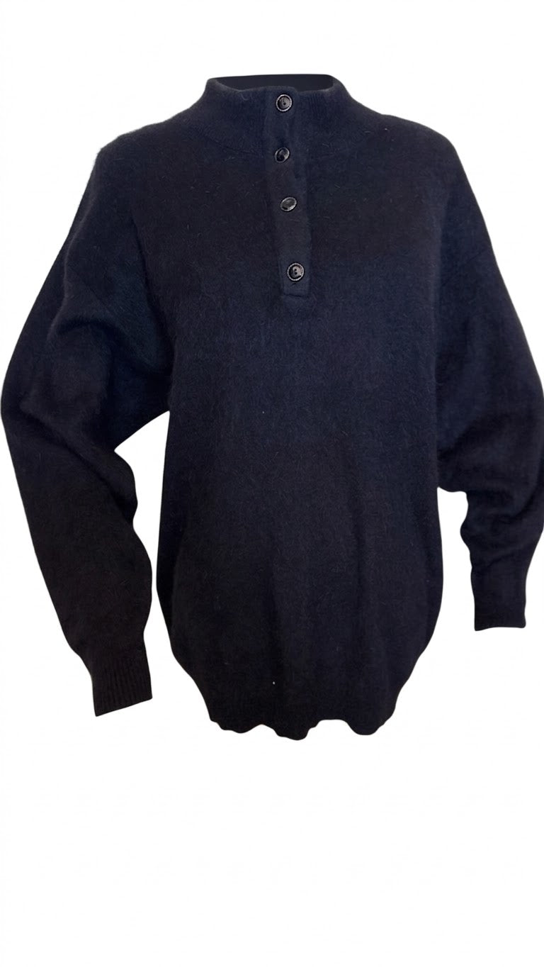 Flauschiger Damen-Strickpullover mit Knopfleiste und Stehkragen – Schwarz