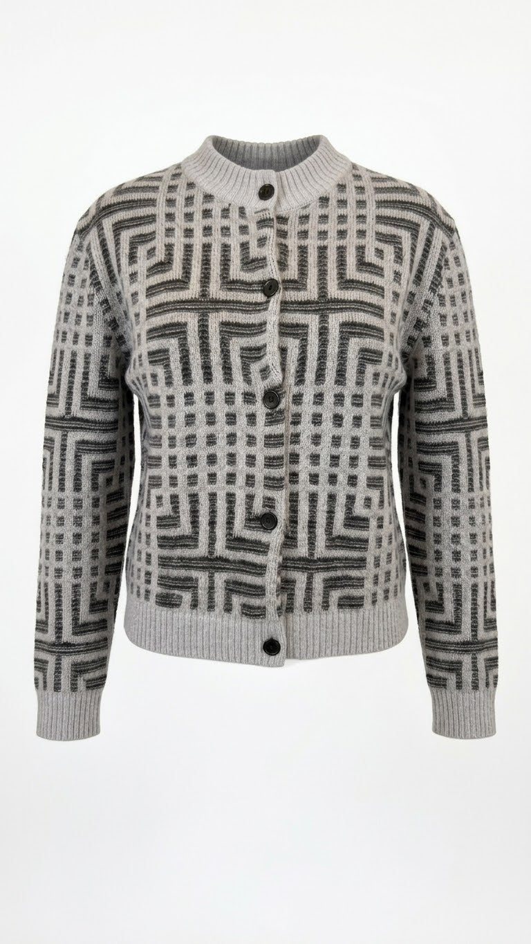 Moderne Strickjacke mit Knöpfen und geometrischem Muster – Hellgrau / Schwarz