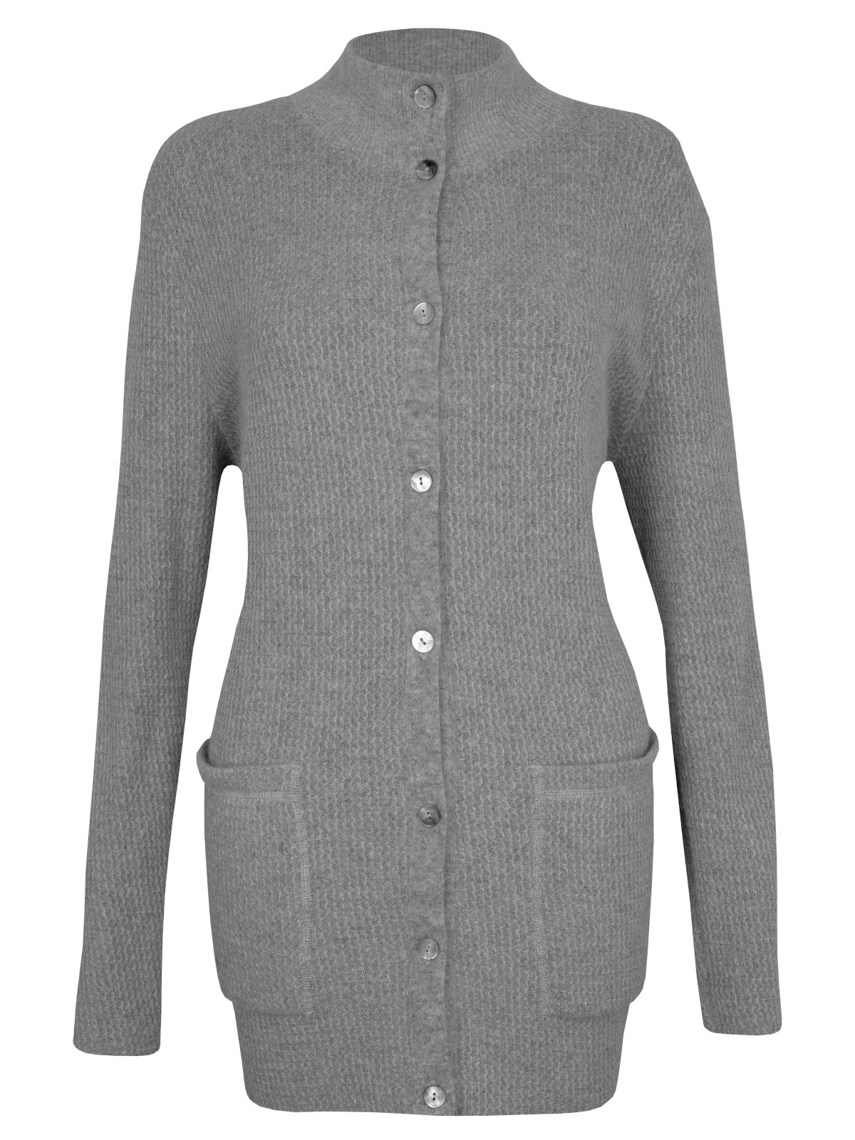 Strickjacke in Wellenmusteroptik langgeschnitten mit Knöpfen und aufgesetzten Taschen