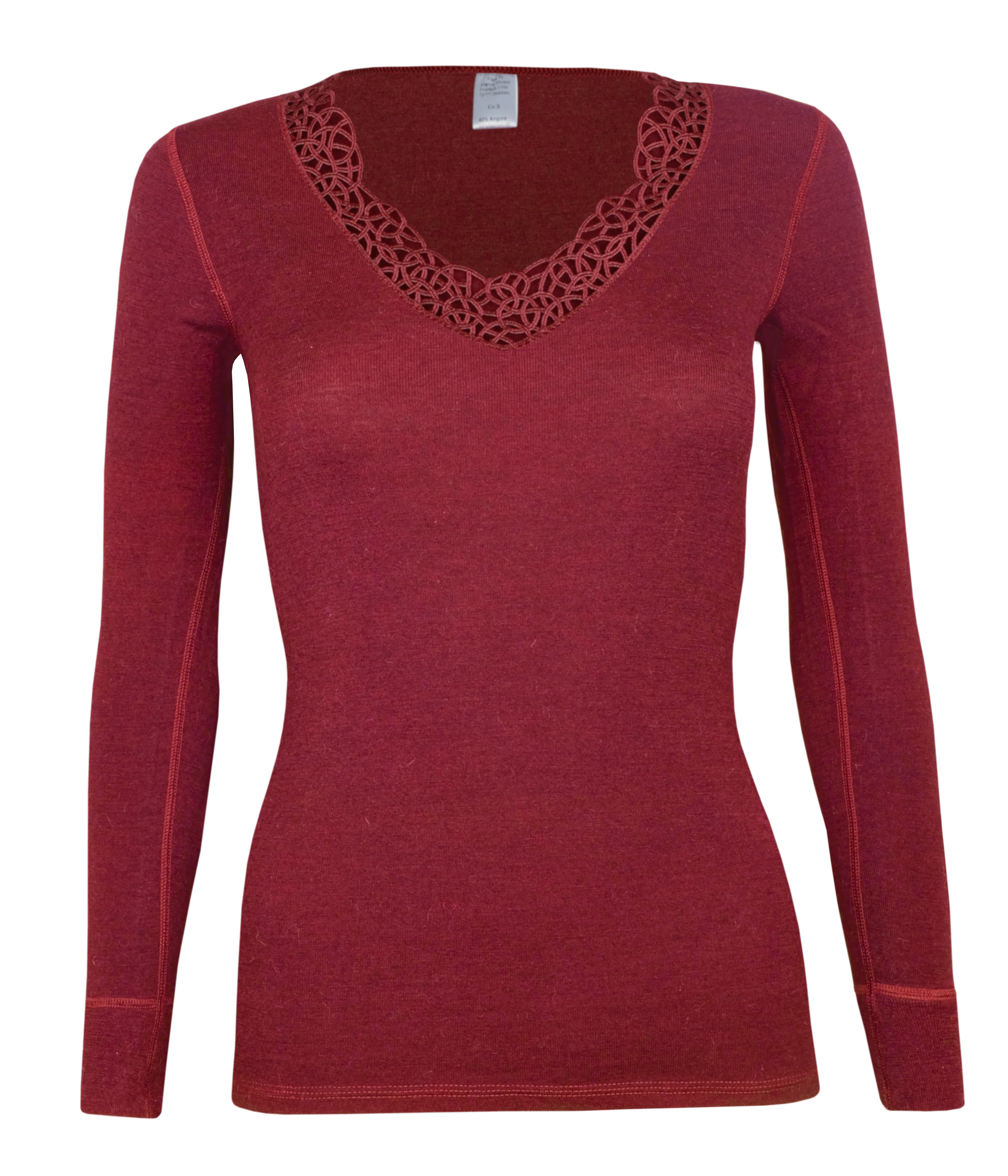 Damenhemd langarm mit Spitzeneinsatz <p> 40% Angora 60% Baumwolle