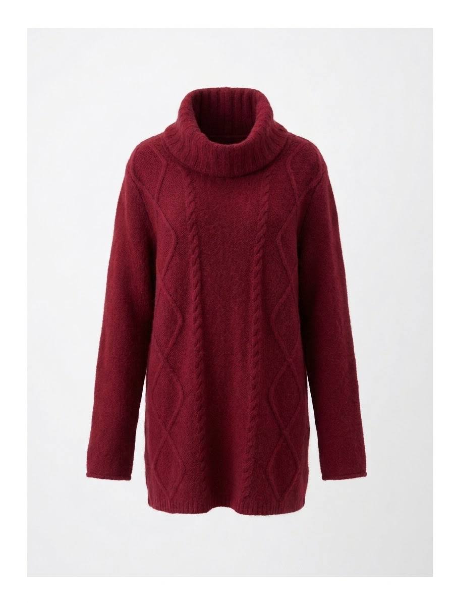 Kuscheliger Damen-Longpullover mit Zopfmuster & Stehkragen – Bordeaux