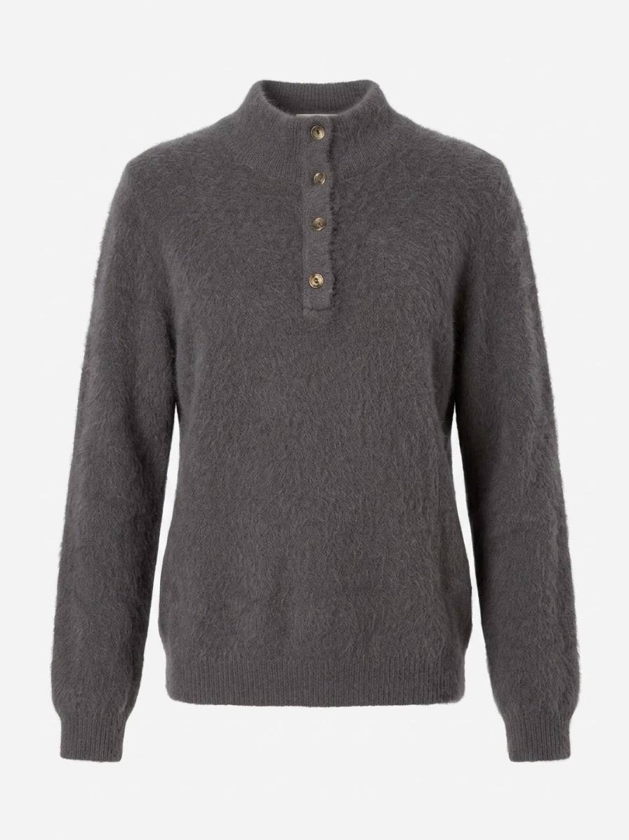 Eleganter Damen-Strickpullover mit Stehkragen & Knopfleiste – Grau