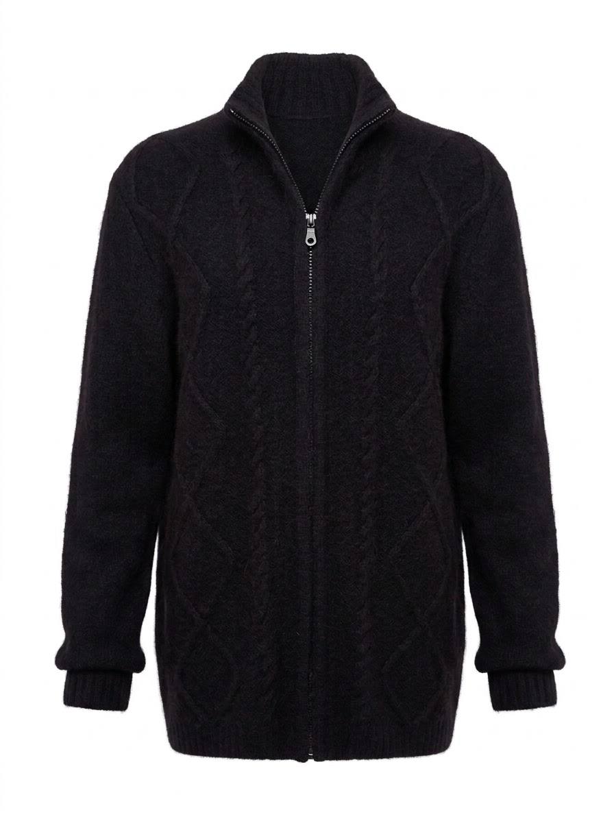 Eleganter Damen-Strickcardigan mit Reißverschluss & Zopfmuster – Schwarz