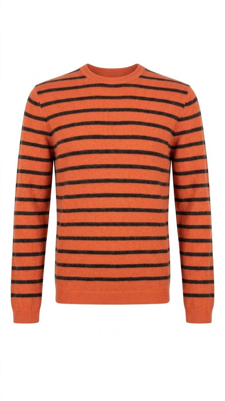 Gestreifter Strickpullover mit Rundhalsausschnitt in Orange / Schwarz