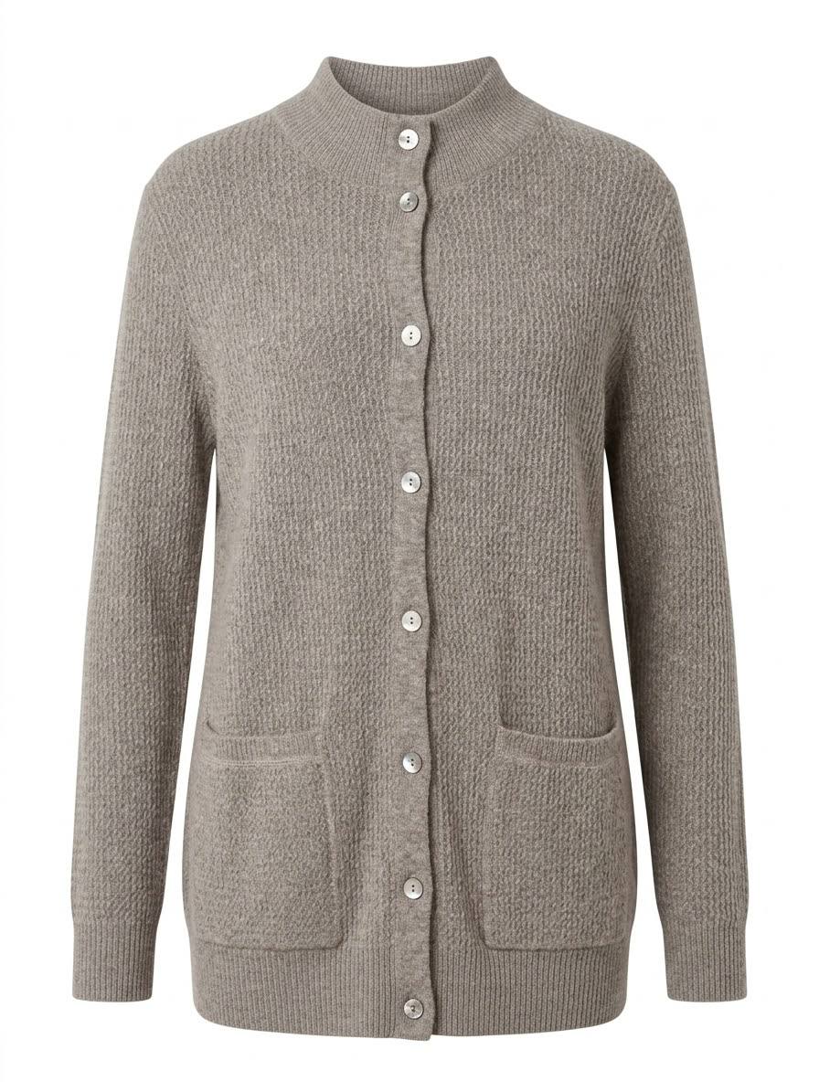 Eleganter Long-Cardigan in Wellenmusteroptik mit Taschen – Silbergrau meliert