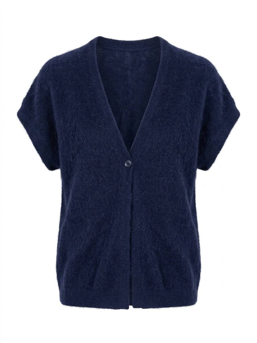 Kurzarm-Strickjacke mit Knopf – Marineblau