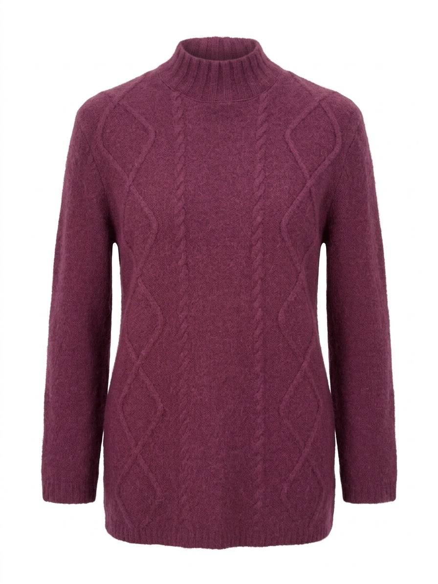 Flauschiger Long-Pullover mit Rauten- & Zopfmuster – Bordeaux / Weinrot