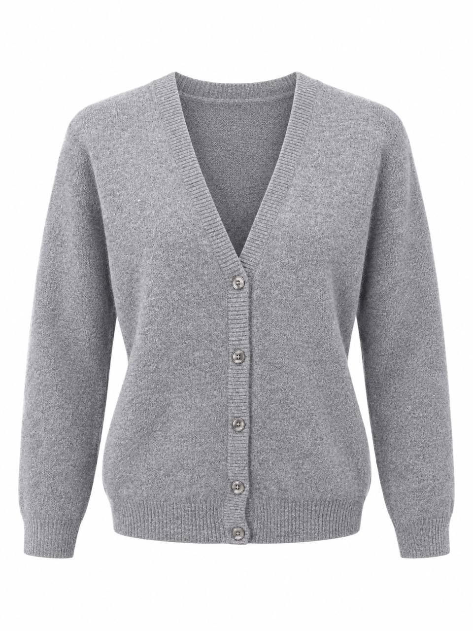 Klassischer Damen-Strickcardigan mit V-Ausschnitt – Silbergrau meliert