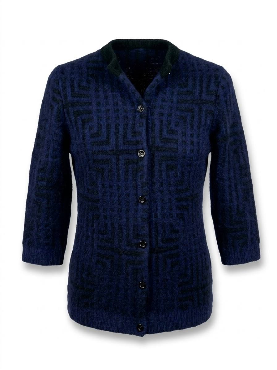 Eleganter Damen-Strickcardigan mit geometrischem Muster – Marine / Schwarz