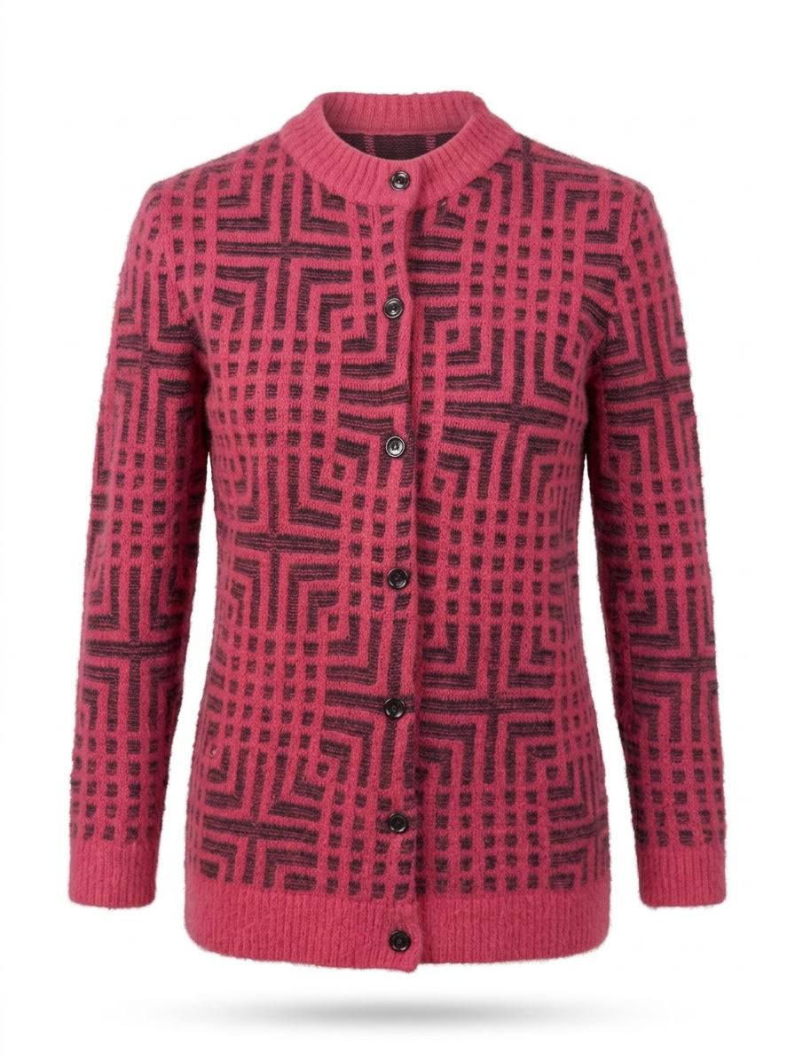 Eleganter Damen-Strickcardigan mit geometrischem Muster – Pink / Schwarz