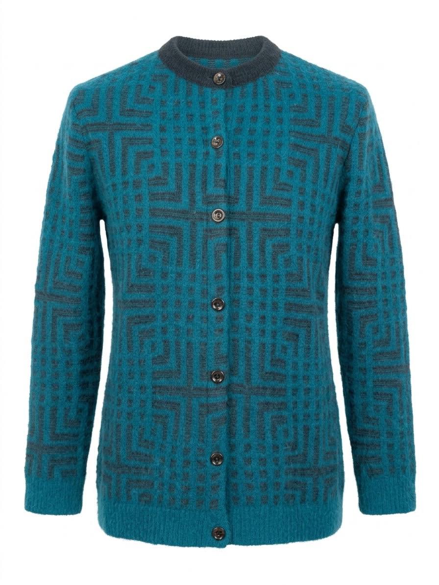 Eleganter Damen-Strickcardigan mit geometrischem Muster – Petrol / Schwarz