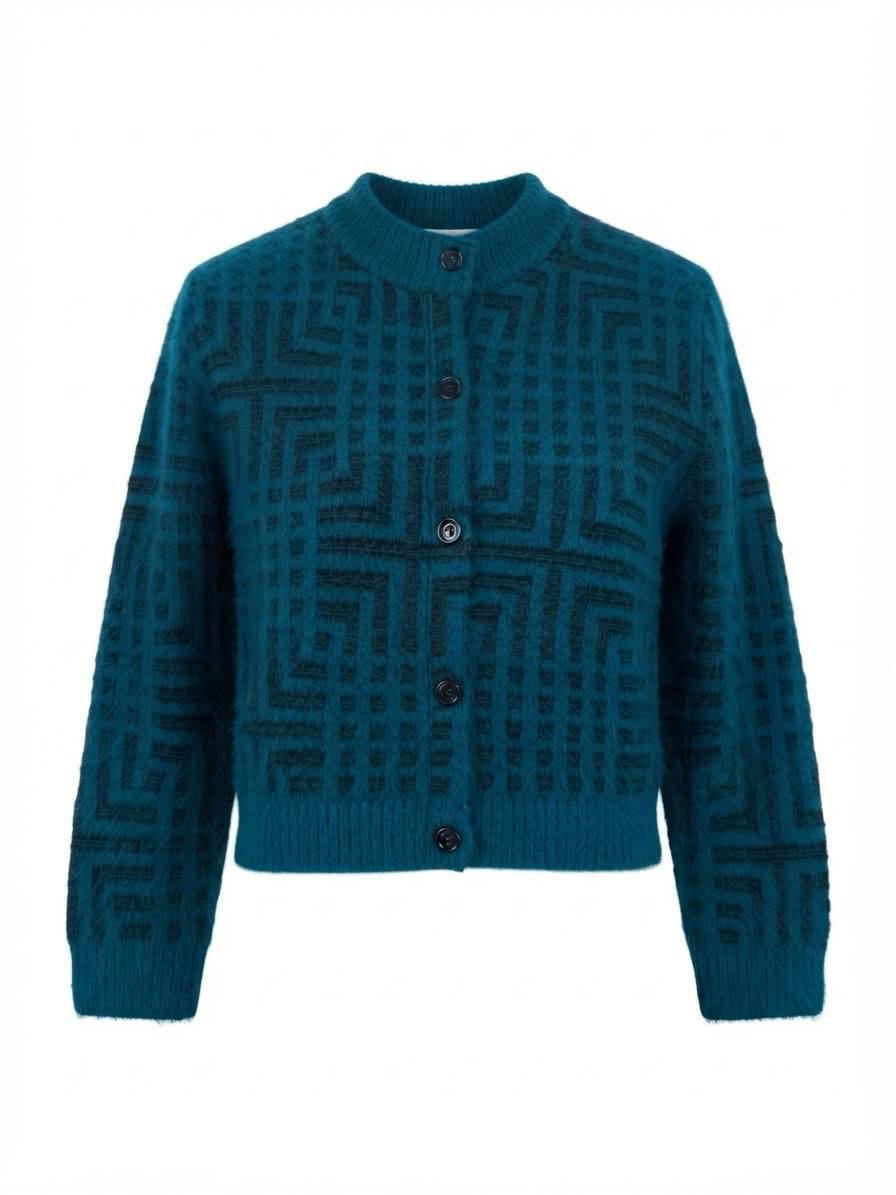 Eleganter Verkürzter Damen-Strickcardigan mit geometrischem Muster – Petrol / Schwarz