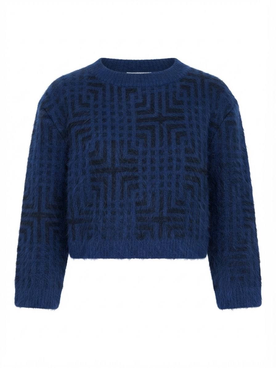 Eleganter Verkürzter Damen-Strickcardigan mit geometrischem Muster – Marine / Schwarz