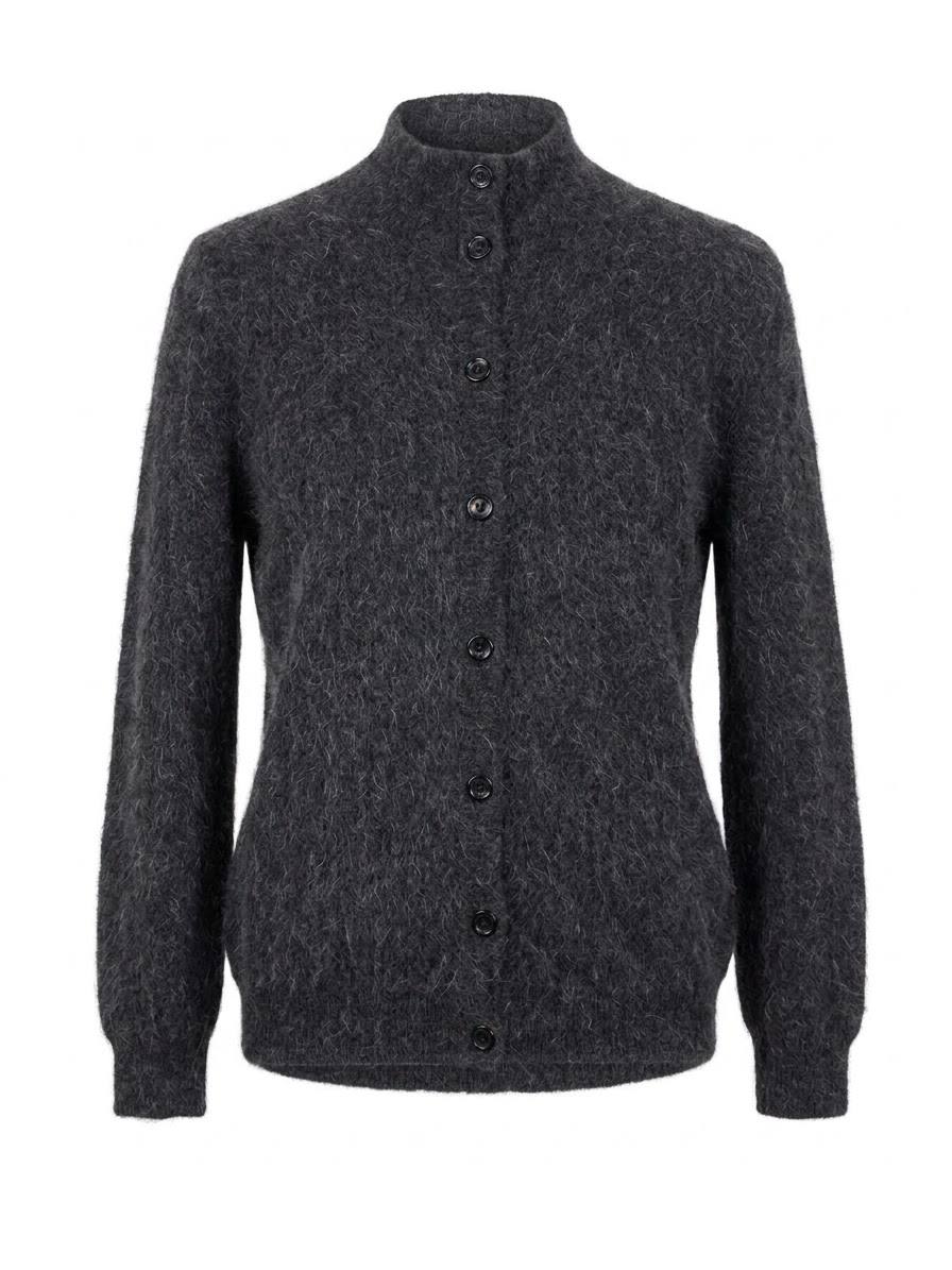Flauschige Feinstrick-Strickjacke mit Stehkragen & Knopfleiste – Anthrazit