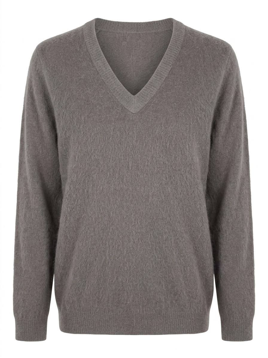 Klassischer Damen-Strickpullover mit V-Ausschnitt – Grau