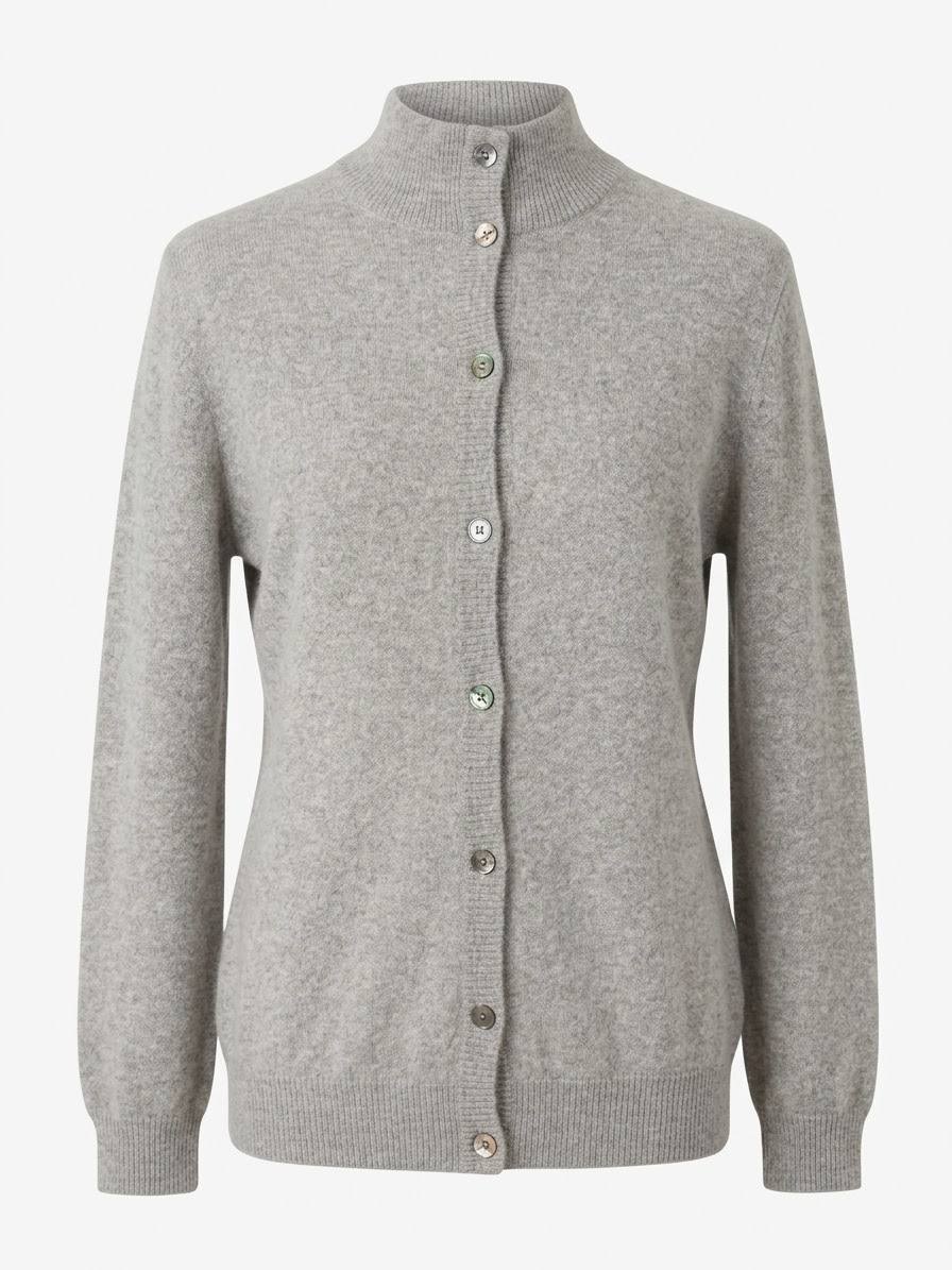Klassische Feinstrick-Strickjacke mit Stehkragen & Knopfleiste – Silbergrau meliert