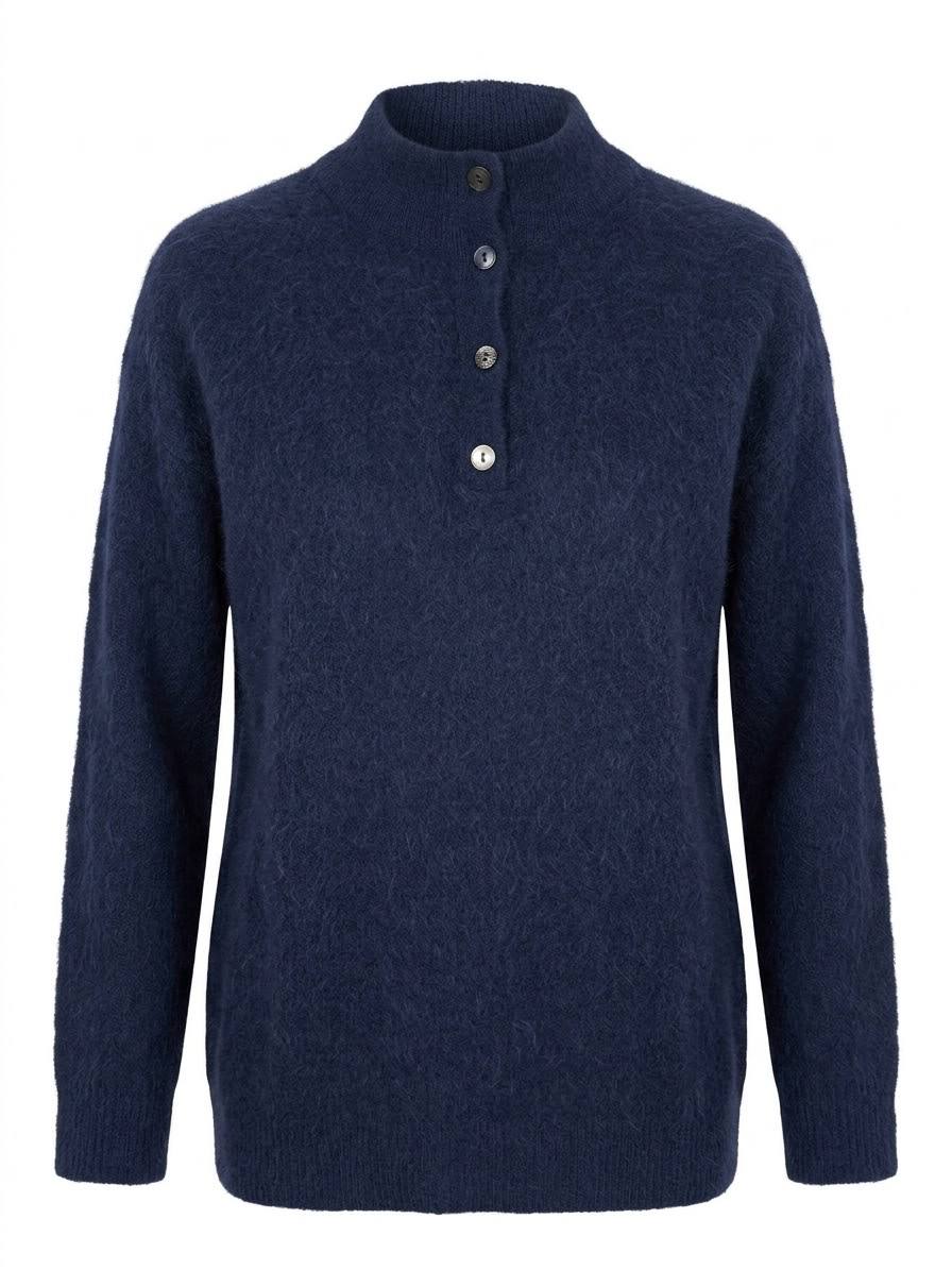 Eleganter Damen-Strickpullover mit Stehkragen & Knopfleiste – Marine