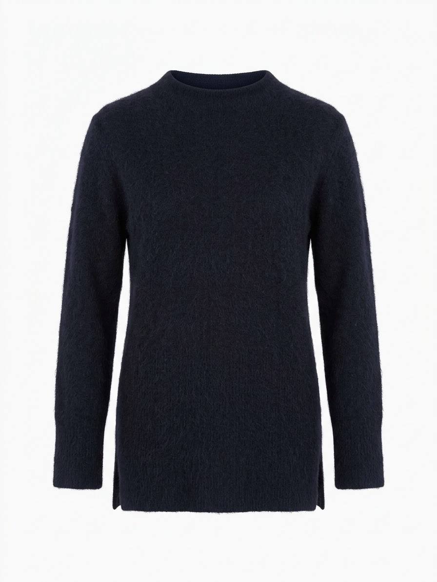 Stilvoller Feinstrick-Pullover mit U-Boot-Stehkragen & breitem Rippensaum – Schwarz