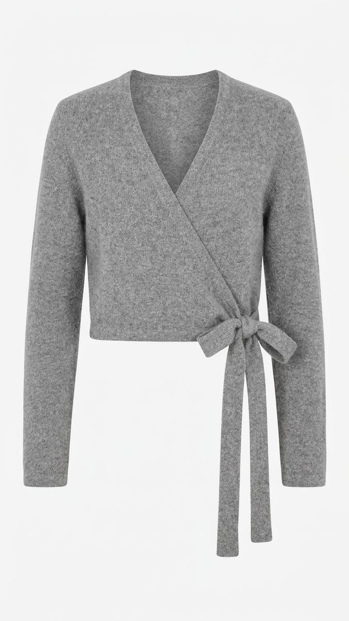 Eleganter Damen-Wickelcardigan in Waffelmusteroptik – Silbergrau