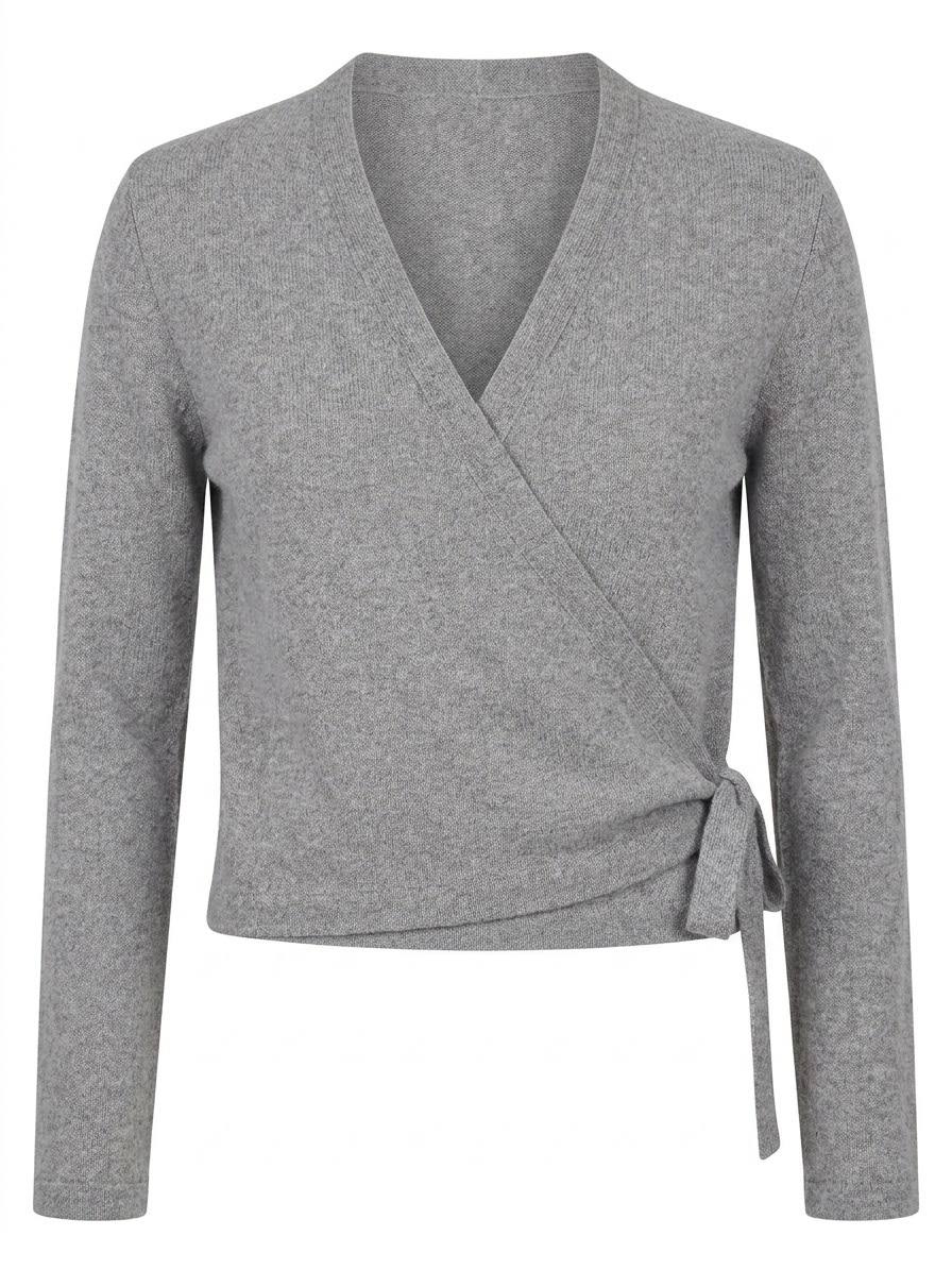Eleganter Damen-Wickelcardigan aus Feinstrick – Silbergrau meliert