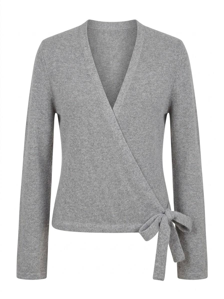 Eleganter Damen-Wickelcardigan in Waffelmusteroptik – Silbergrau